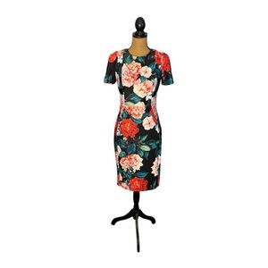 Calvin Klein Floral Sheath Dress Womens 4 Black Midi Stretch Office Chic